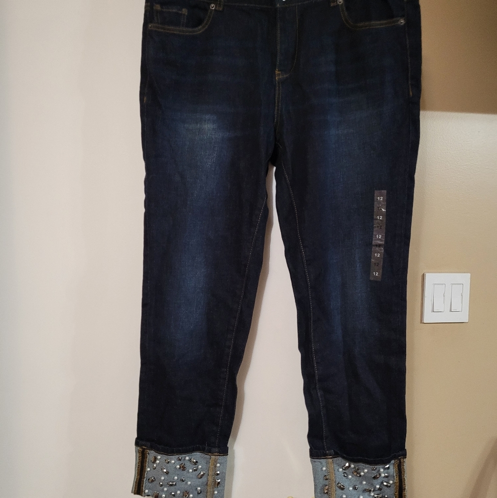 Jeans with pearl and rhinestone cuff
